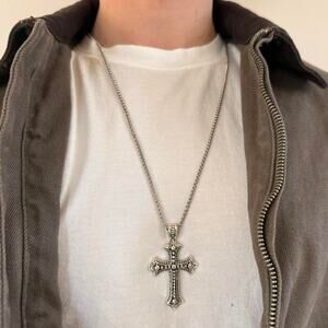 Y2K Silver Tone Cross Pendant Necklace Unisex 22" Chain Streetwear New